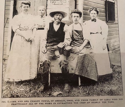 Gleanings in Bee Culture 1908 – This is the photo that got me interested in the Fowls 
family. Chalon Fowls in the middle. Iona Fowls to his right and to the left is Violet. 
Behind her is their mother Caroline. The young lady next to Iona is a hired hand to help with extracting the honey. They are in front of their honey house.