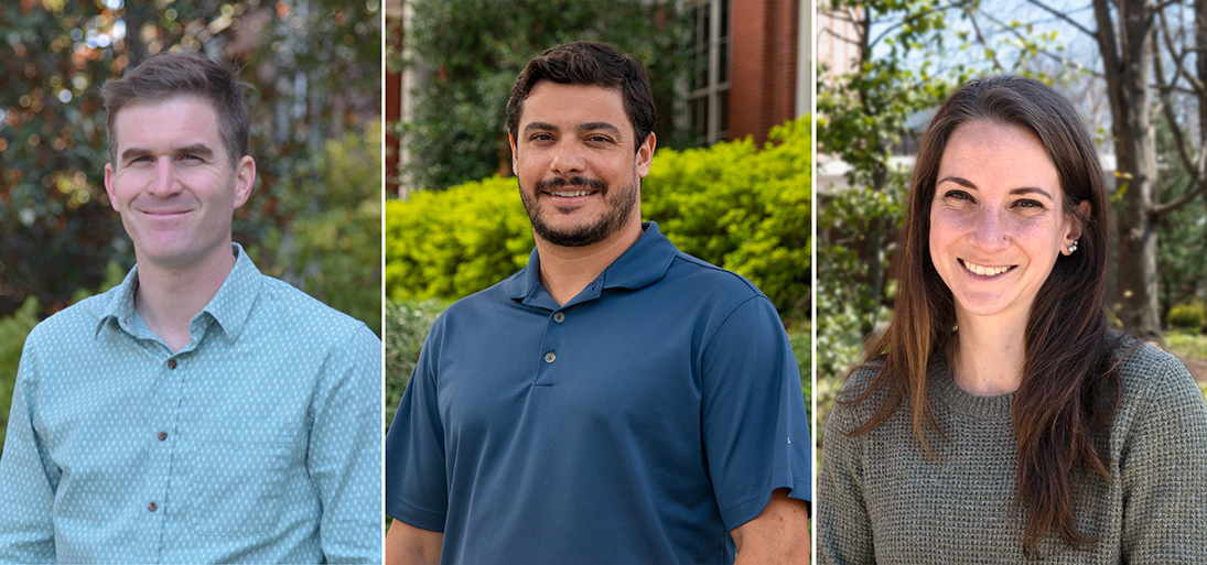 Fig. 2. The bee program in the College of Agriculture at Auburn University is led by professors Geoff Williams (left), Anthony Abbate (middle), and Selina Bruckner (right). Together, we address Auburn’s land grant tri-partite mission of research, instruction and outreach. In our almost obligatory work mug shot in front of the College of Ag’s storied Comer Hall, the beautiful azaleas in the background just never cooperate. Our onboarding always happens in August at the start of the new school year, long after their blooms have faded!