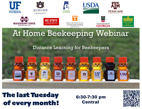 Fig. 3. The monthly At Home Beekeeping Webinar series includes online lectures by researchers and Extension specialists from land grant universities and USDA-ARS research units from across the country. Go to aub.ie/beekeepingwebinar or scan the QR code in the image to visit the webinar’s homepage.