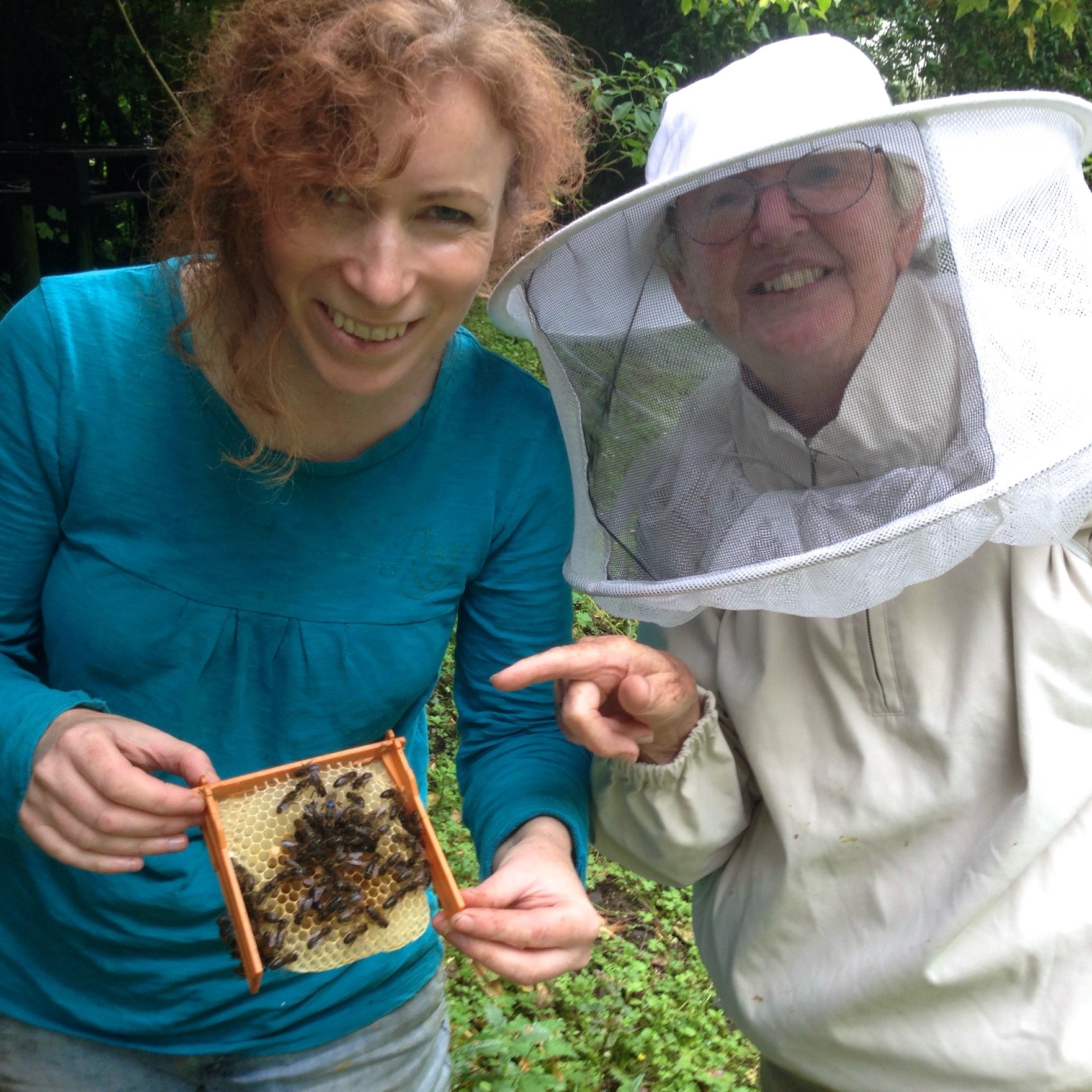 Aoife Nic Giolla Coda showing me the queen has started laying in the apidea.