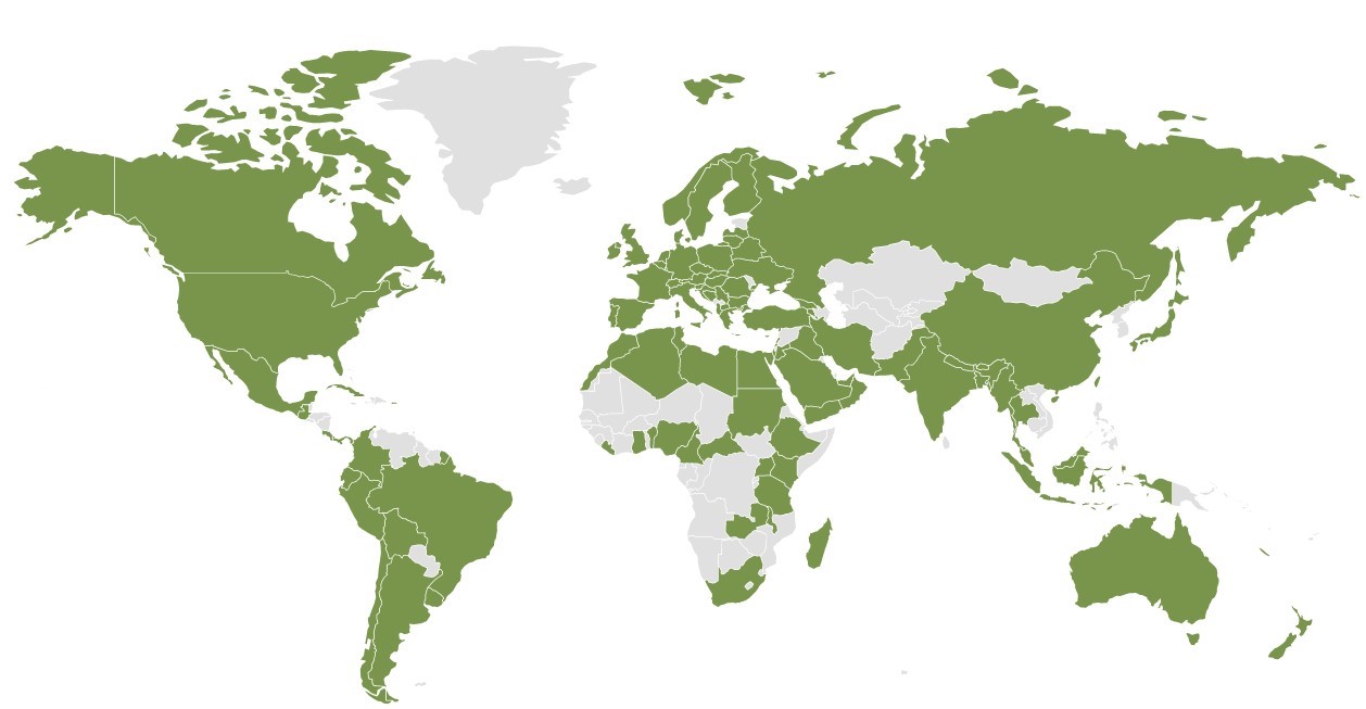 Figure 1: A map of countries (in green) with COLOSS members.