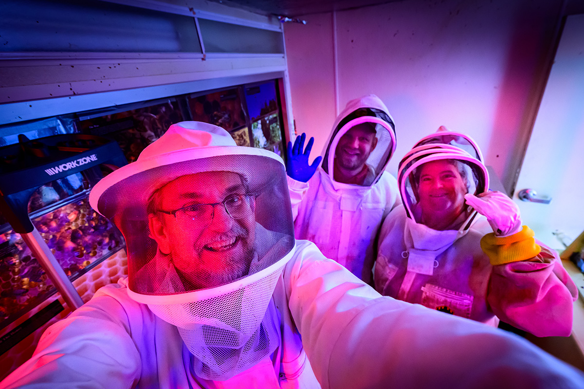 U. of I. photographer Fred Zwicky, foreground, had to suit up to safely capture the process of hive relocation at the Pollinatarium. Photo by Fred Zwicky