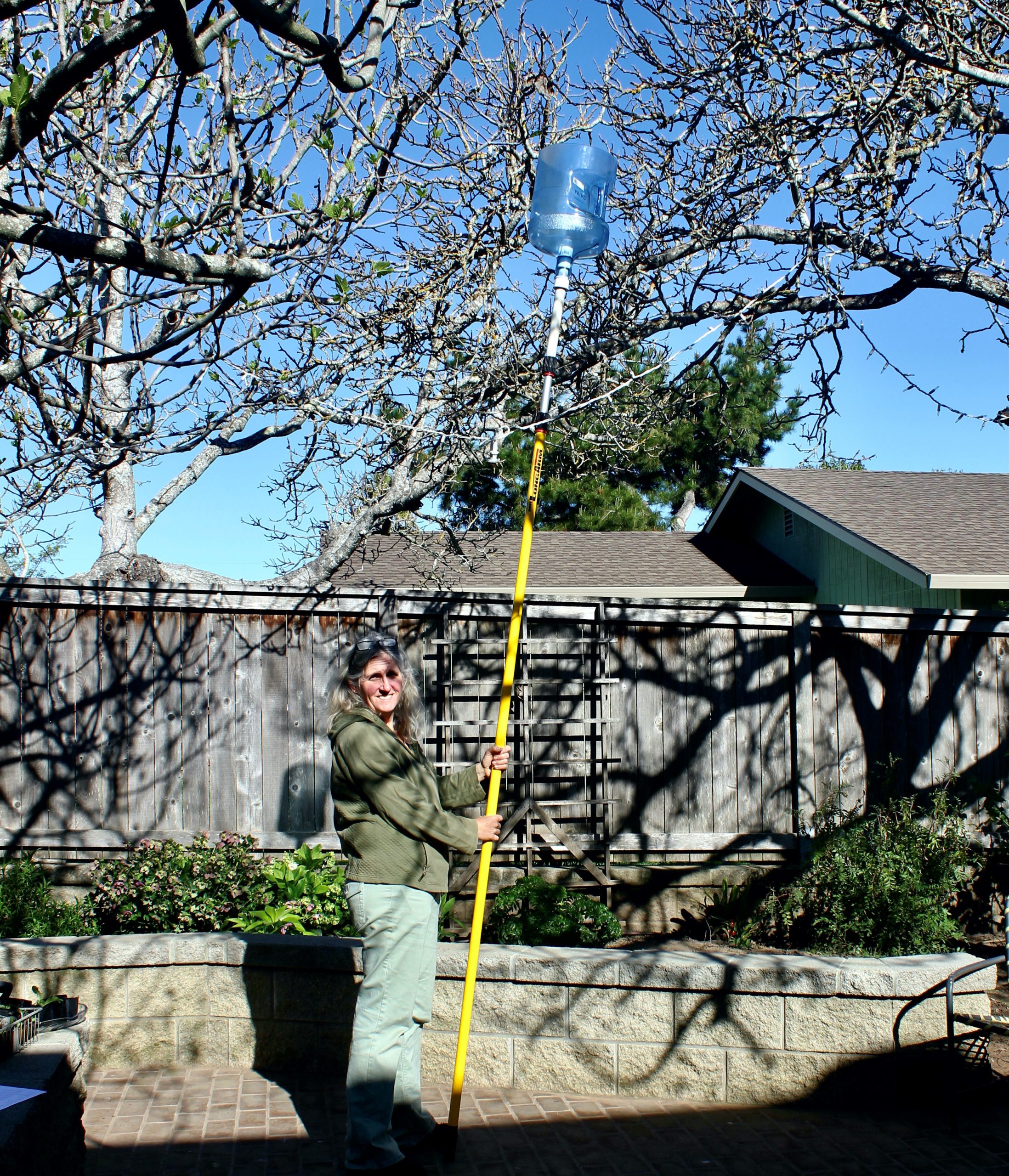 Fellow beekeeper Christine Kurtz getting ready to hoist the “swarm bucket” up to help catch a very high swarm.