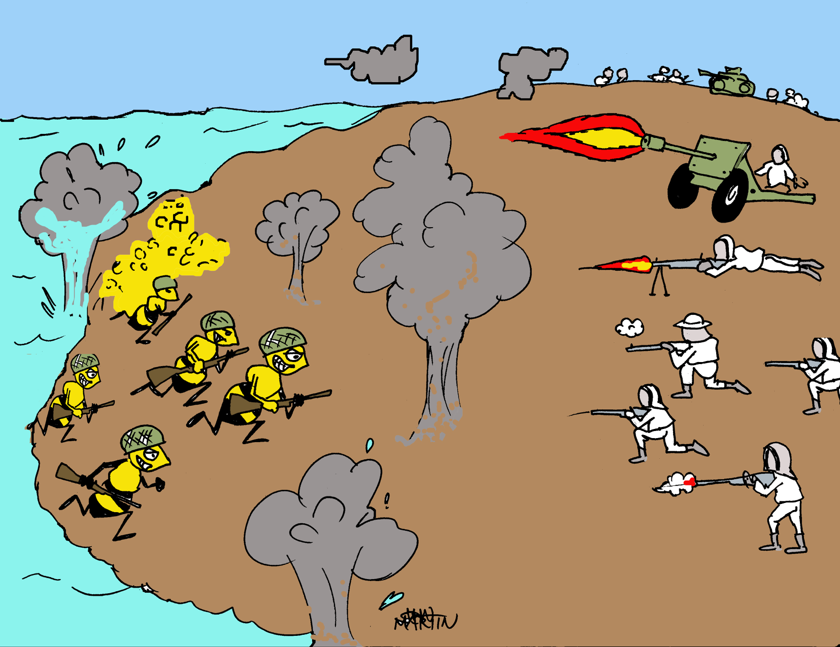 Cartoon of bees battling beekeepers